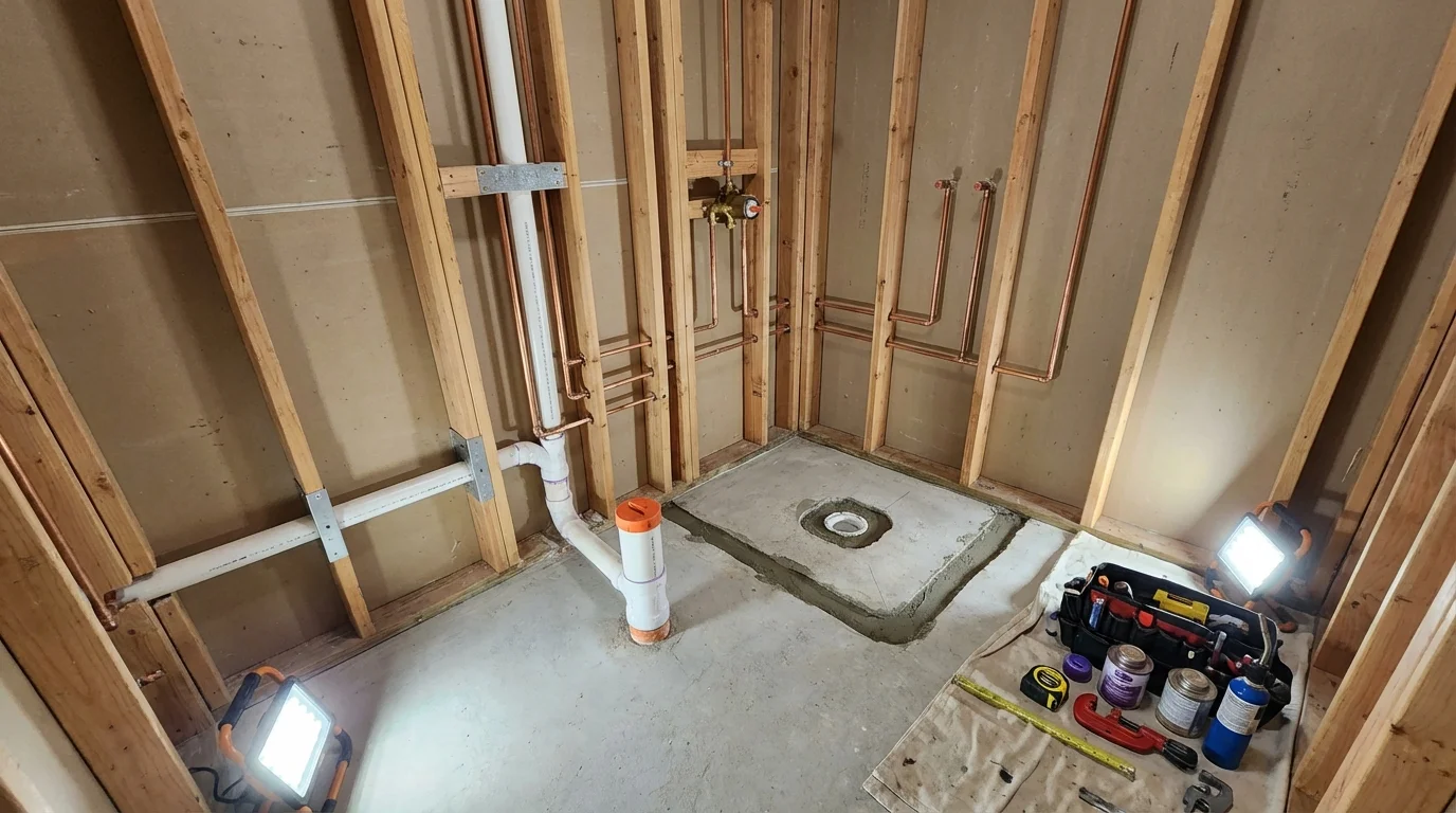 Bathroom rough-in plumbing during remodel by Johns Plumbing LLC in Plainville