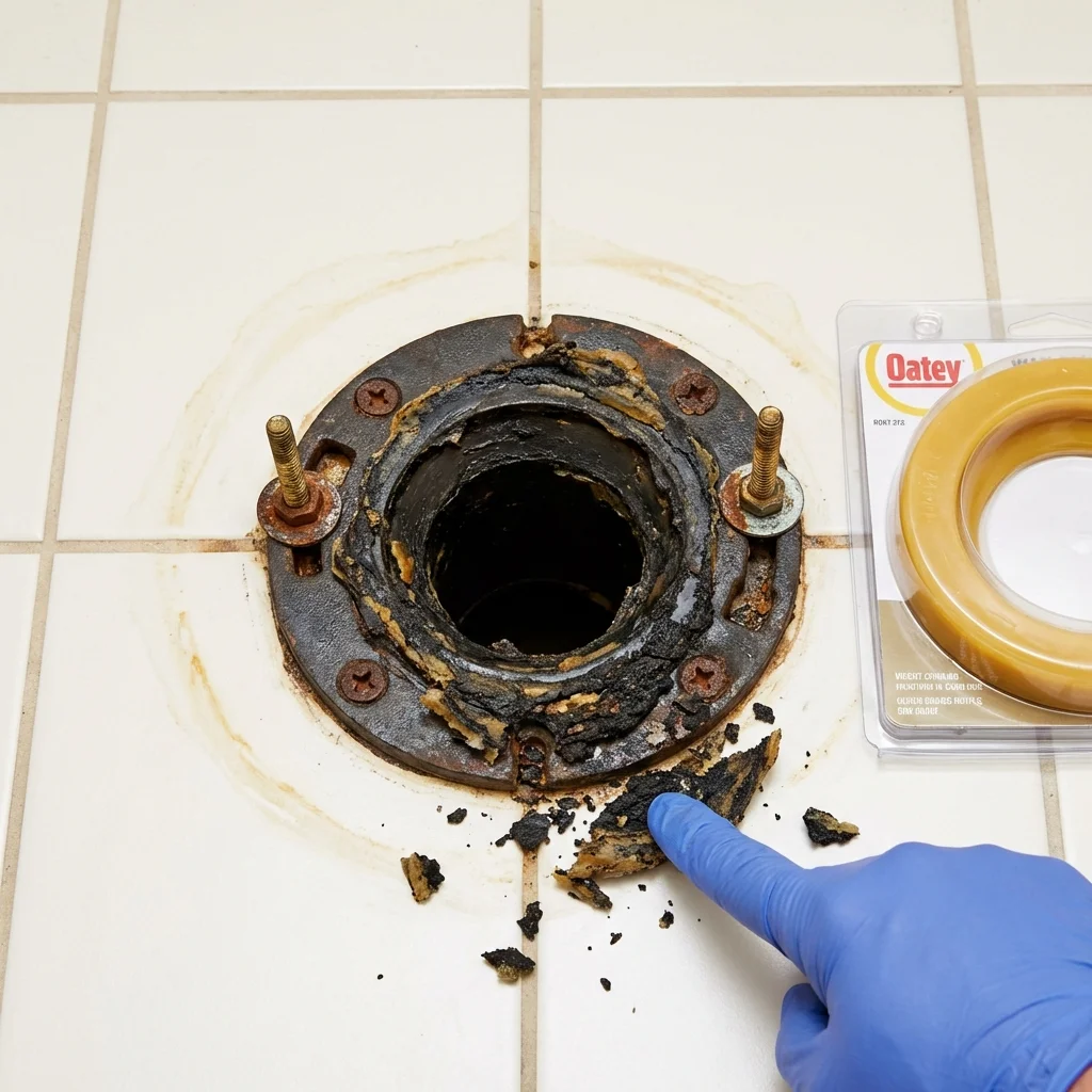 Failed wax ring showing water seepage at the base of a toilet in a Plainville, KS home
