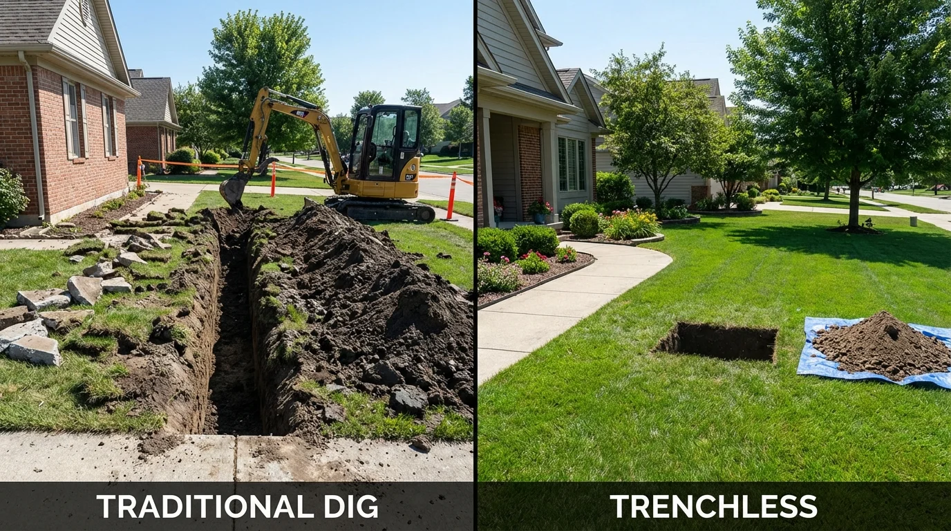 Trenchless sewer repair with minimal yard damage versus traditional excavation in Plainville, KS