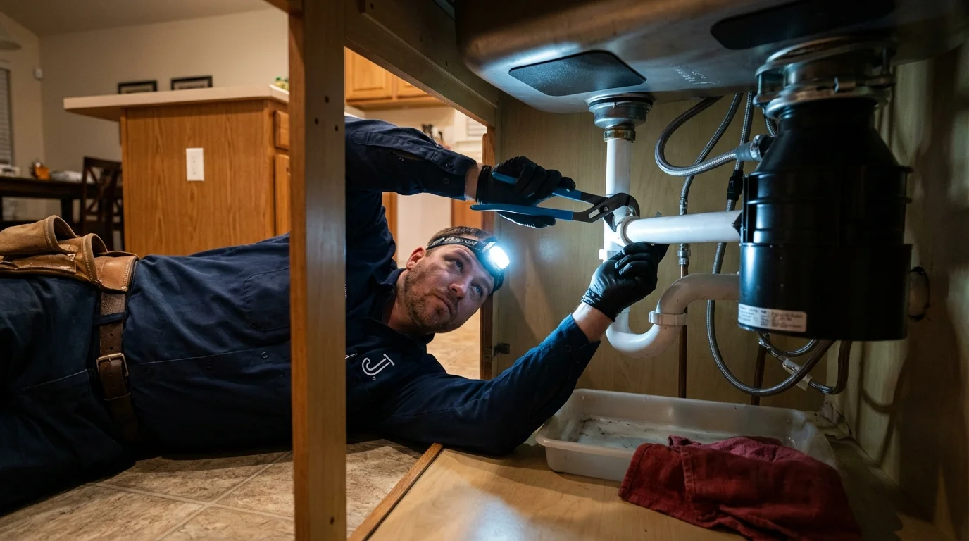 P-trap and supply line connections under a kitchen sink showing a common leak point in Plainville, KS